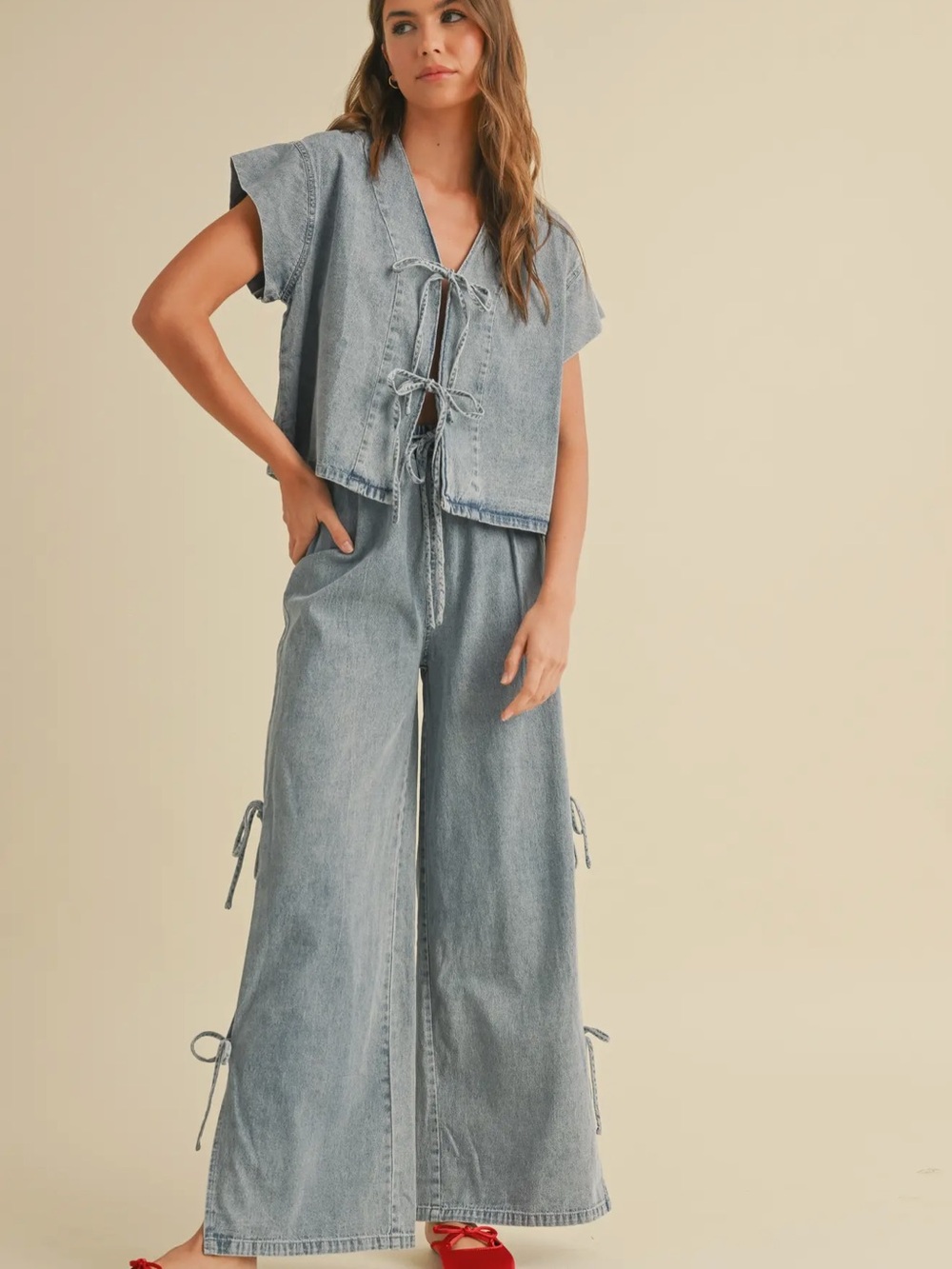 SET -Light Blue Denim Tie-Front Shirt with matching pants. - Women's